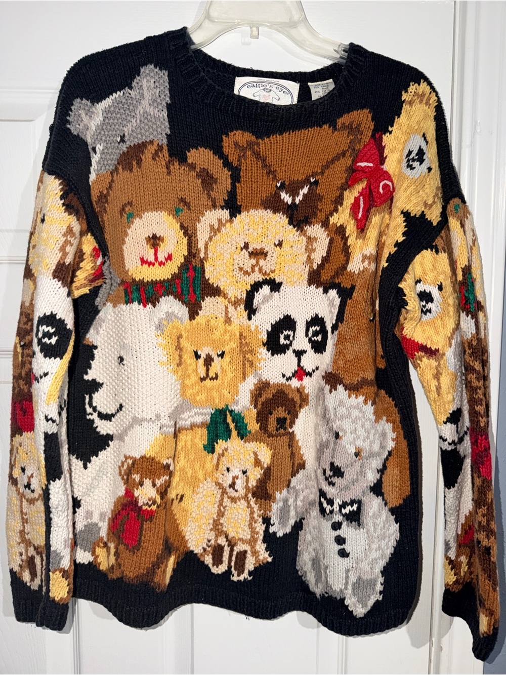 Vintage-Inspired Teddy Bear Crewneck Sweater - Black/Multi